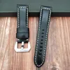 24mm Watch Band Black Handmade Watchband äkta läder Watchband armband silver rostfritt stål spännband för man