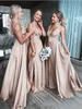 Champagne Boho Gold Bridesmaid Dresses Deep V Neck Straps Ruched Long Floor Length Side Slit Beach Wedding Guest Party Gown