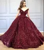 부르고뉴 숄더 볼 가운 Quinceanera 드레스 V 넥 스위트 16 드레스 스팽글 이브닝 파티 드레스 Vestidos de Quinceaña