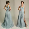 Latest Dusty Blue Bridesmaid V Neck Sleeveless Appliques Chiffon Draped Back Formal Prom Dresses With Side Split Wedding Party Gowns