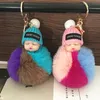 20pcs Cute Sleeping Baby Doll Keychain Faux Pompom Rabbit Fur Ball Plush Key Chain Keyring Women Key Holder Bag Pendant Toy