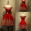 2019 Red Off The Shoulder Lace A Line Homecoming Dresses 3D Lace Floral Knee Length Short Prom Party Cocktail Dresses BC2275