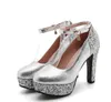 Plus size 34 to 43 Glitter sequined ankle strappy round toe platform pumps gold silver wedding ashoes