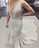 Sexig Sier Deep V Neck Mermaid Wedding Dresses Full Lace Appliques Open Back Spaghetti Plus Size Brudklänning