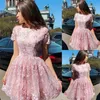 Dusty rosa curto Vestidos Homecoming com mangas curtas A Festa Prom Dress Raparigas Linha curta Vestidos Vestidos