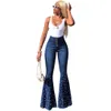 Moda Elastic Cintura Alta Denim Flare Calças Mulheres Retro Diamantes Jeans Largura Perna Calças Senhora Casual Bell-Bottoms Flare Calças