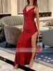 2020 Hot Moda Cekinowa Red Prom Dresses Sexy High Udo Slit Spaghetti Open Back Długie Formalna Suknia Wieczorowa Druhna Szaty De Soirée