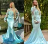 High Neck Teal Mermaid Prom Klänningar Långärmad Sweep Train Appliques Pärlor Illusion Bodice Lång Formell Evening Party Gowns 2019 Billiga