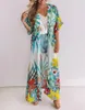 Green Bohemian Tropical Printed Half Sleeve Summer Beach Wear Long Kimono Cardigan Blouses Plus Size Women Swimwear Tops Blouse Cover-Ups