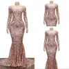 2020 New Sexy Bling Black Girl Sequined Mermaid Prom Dresses Rose Gold Sequins Off Shoulder Long Sleeves Party Dress Evening Gowns