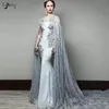 Lebanon Blue Gray Evening Dress Lace Floor Length Cape Clock Appliques Beaded Prom Formal Maxi Gowns Vestido de festa Women Party Wear Gown