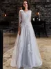 Silver Sequins Lace Tulle A-line Long Modest Prom Dresses With 3/4 Sleeves Corset Back V Neck Floor Length Women Modest Evening Party Gowns