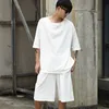 Men's Tracksuits Men Cotton Linen 2 Pieces Set (tshirt+shorts) Male Streetwear Hip Hop Casual T Shirt Wide Leg Shorts White Black Tees Shirt