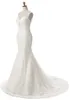 Nya anlända utsökta pärlor V-ringning spetslättsekretern bröllopsklänning kapell tåg ärmlös mode brudklänningar skräddarsydd storlek