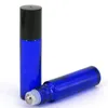 Billiga grossist 700pcs 10 ml blå färgglasflaskor med rostfritt stålrulle och svart lock för E flytande oljelyckande parfym LX8926