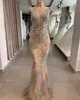 Champagne lyxiga sjöjungfru 2019 afrikanska dubai kväll klänningar sheer neck spets beaded prom klänningar sexiga formella parti brudtärna klänningar