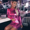 O-Neck Długi rękaw Sukienka Kobiety Sexy Mini Dress Shiny Metallic Vestido Nightclub Pole Dancing Kostium Pakiet Hip Bodycon Dress