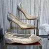 23 Bombas de marca Sapatos de salto alto Sapato de noiva Couro real Sexy Dedos pontiagudos Feminino Nude Preto Strass Fio líquido Couro envernizado Tamanho 34-42