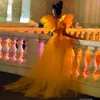 2020 Ny sexig guld hög låga prom klänningar med tutu avtagbar tåg djupa v-hals ruffles prom klänningar över kjol