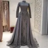 Classy Arabic Long Sleeves Evening Dresses Beaded High Neck Lace Appliqued Prom Gowns Plus Size Sweep Train Satin Formal Dress