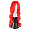 Sentetik peruklar uzun kırmızı dalgalı kıvırcık peruk cosplay parti saçları, patlamalarla renklendirilmiş kadınlar için