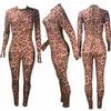 Women jumpsuit long sleeves Leopard print bodycon clubwear party casual jumpsuit playsuit /BY