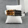 Partihandel 10st / Lot Nya par Smycken Klar CZ Crown Armband med Naturlig Tiger Eye och Lava Rock Stone Beads Toppkvalitet