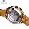 Forsining Golden Automatic Mechanical Mens Watch Racing Sports Design 3 Ringer Multifunktionsdatum Rostfritt Stålband Armbandsur