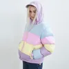 Damska Rainbow Stripe Patchwork Parkas z kapturem 2019 Jesień Zima Kobiet Female Moda Znosić Ladies Ciepła Gruba Kurtka Dół