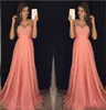 Cheap Sexy New Coral Pink Prom Dresses Jewel Neck Illusion Sleeveless Lace Appliques Beaded Chiffon Evening Dress Party Pageant Fo250I