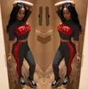 4 color tracksuit Women Short Sleeve Letter Print Plaid Crop Top Bodycon Long Pant Play suit EEA90