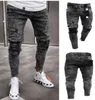 Fashion-Mens Jeans Snow Grey Spark Draped Washed Long Pencil Pants Fashion Elastic Knee Holes Zipper Jeans