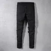 Sokotoo Men's black patchwork stretch denim biker jeans for motorcycle Slim fit skinny ripped pencil pants