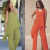 Fall 2019 New Mother of The Bride Pant Suits Long Tail Top and Column Pants Olive Orange Chiffon Women Formal Long Party Dresses