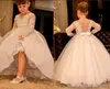 New Cheap Princess Flower Girls Dresses Lace Appliques Crystal Beaded Tulle Long Sleeves Floor Length Sash Birthday Child Girl Pageant Gowns