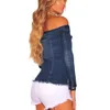 Moda Blusa Slash Neck Mulheres Manga Completa Blusa Denim Off Botão Ocasional Tops Blusas Blusa de Mujer Blusa