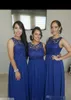 Royal Cheap Blue Bridesmaid Dresses Spets Scoop Neck Chiffon ärmlös Maid of Honor Gown Custom Made for Beach Wedding Evening Wear