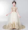 Sequin Tulle Girl's Pageant Dress Birthday Party Dress Golden Lace Flowers Girl Princess Dress Long Trailing Kids First Communion Dresses