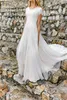 2020 New A-line Lace Chiffon Modest Wedding Dresses With Short Sleeves Champagne lining Jewel Neck Corset Boho Informal LDS Bridal Gown