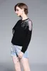 Europese fashion design nieuwe vrouwen o-hals lange mouwen gaas patchwork hol kralen plus size sweatshirt hoodies tops