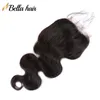 Satış Vücut Dalga İpek Üst Dantel Kapatma 4x4 Brezilyalı 100 İşlenmemiş İsviçre Dantel Kapanış Önceden Virgin İnsan Bebek Saç Doğal Siyah Renk 8-26inch Bella Saç
