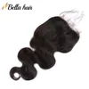 Vente Fermeture de dentelle de dessus en soie de vague de corps 4x4 brésilienne 100 fermetures de dentelle suisse non traitées cheveux de bébé humains vierges pré plumés couleur noire naturelle 8-26 pouces Bella Hair