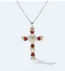 Märke Classic Ins Top Selling Luxury Smycken 925 Sterling Silver Cross Pendant Ruby White CZ Diamond Party Women Link Chain Halsband Present