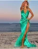 Romantic Silk Satin Green Prom Dress 2019 jade green Long Backless Floor Length Sexy Beach Side Slit Party Dresses Evening Wear Cheap