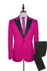 Costumes pour hommes sur mesure motif rose vif et smokings de marié noirs revers en satin garçons d'honneur mariage meilleur homme 2 pièces (veste + pantalon + cravate) L499