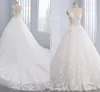 3D Flowers Pearls Beaded Bridal Gowns Chapel Train Lace Applique Sequins Sheer Neckline Hollow Back Wedding Dresses Plus Size Custom Made