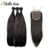 Bellahair Peruvian Human Hair Wefts with Closures Silky Straight Full Head Hair Extensions 4 Bundles Add 1pcs Lace Closure Natural Color 8-30inch