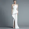 White Satin Mermaid Long Evening Dresses Arabic Strapless Ruched Split Floor Length Formal Prom Dresses Party Gowns