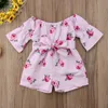 Baby Girls Romper Ins Bow Flower Print Romper Dzieci Off Ramię Kombinezony Nowy Lato Moda Boutique Dzieci Odzież Z01