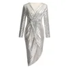Sexig V-Neck High Slit Party Dress Kvinnor Glitter Sequined Bodycon Dress Höst Långärmad Midi Tunika Vestidos # N29